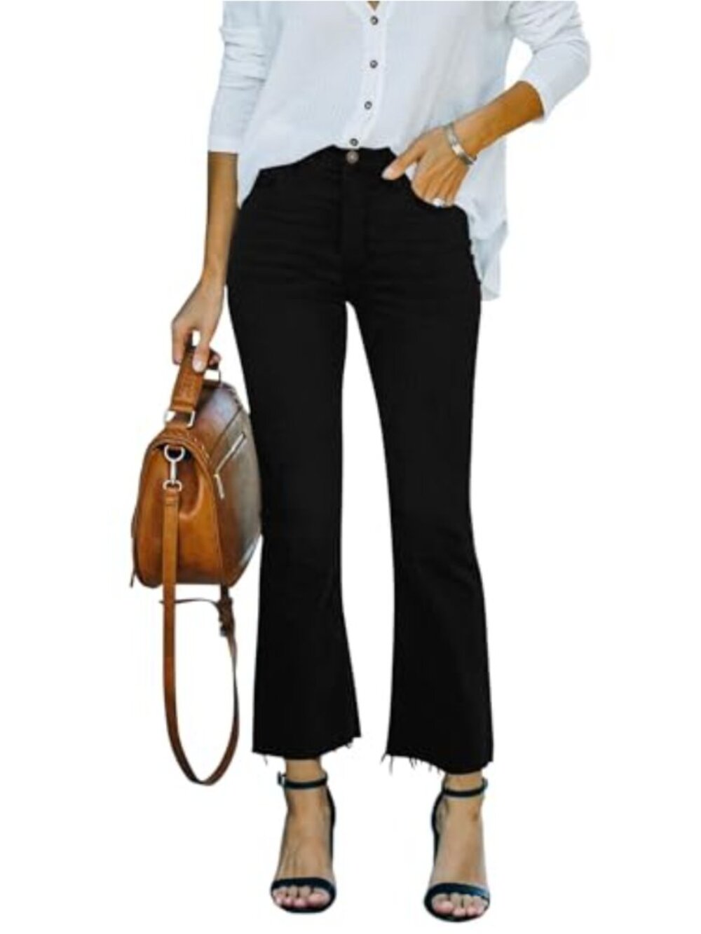 Women's High Rise Cropped Flare Jeans Stretch Denim Raw Hem